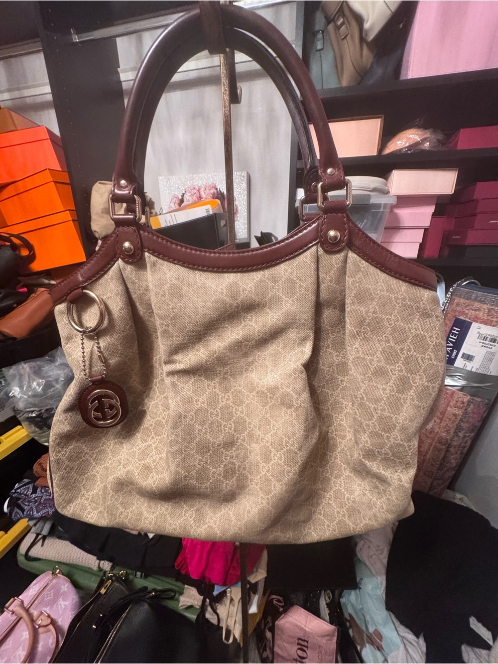 Gucci Beige GG Canvas Hobo with Brown Leather Handles